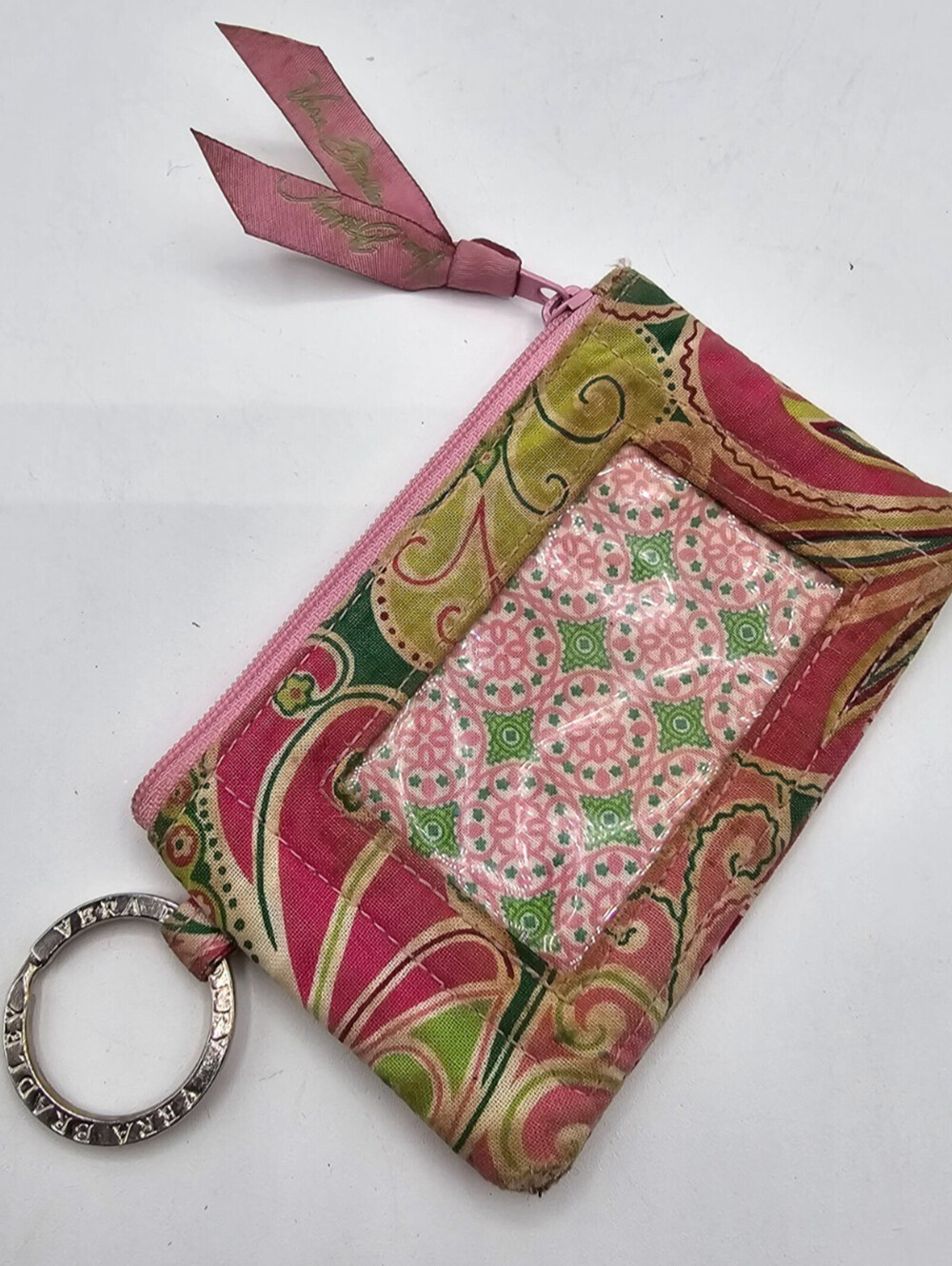 Vera Bradley retired patterned ID holder coin purse with a keychain loop Pink